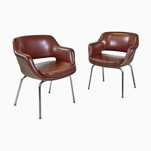 Modern Italian Armchairs in Brown Leather and Chrome-Plated Steel from Cassina, 1970s, Set of 2