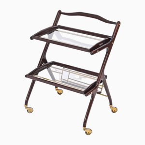 Italian Walnut, Brass and Glass Bar Cart with Bottle Holder by Cesare Lacca, 1950s