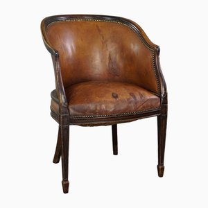 Fauteuil Antique en Cuir Cognac Patiné