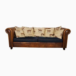 Sheep Leather 3 Seat Sofa with Fabric Cushions with Horse Motif