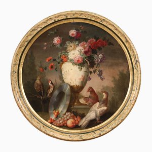 Nature Morte avec Vase à Fleurs et Colombes, 1780, Huile sur Toile, Encadrée