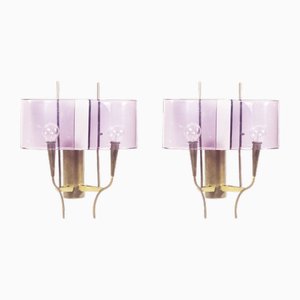 Applique da parete in vetro acrilico viola e ottone di Stilux Milano, anni '60, set di 2
