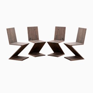 Zigzag Chairs in American Pine attributed to Gerrit Thomas Rietveld for Rietveld, 1950s, Set of 4