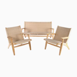 Braided Rope and Wood Sofa and Lounge Chairs, Set of 3