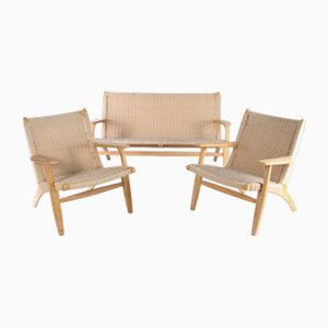 Sofá y sillones de madera y cuerda trenzada. Juego de 3