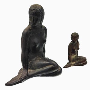 Art Deco Zinc Mermaid Figurines, Set of 2