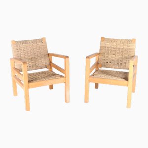 Braided Sea Grass and Wood Lounge Chairs, Set of 2