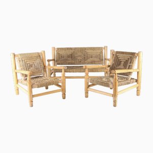Living Room Set in Woven Rush and Wood by Audoux Minet, 1960s, Set of 3
