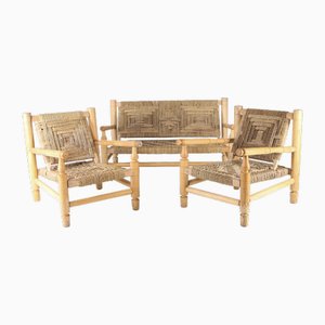 Wohnzimmer Set aus gewebtem Rush & Holz von Audoux Minet, 1960er, 3er Set