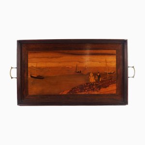 Vassoio intarsiato con paesaggio marittimo, fine XIX secolo