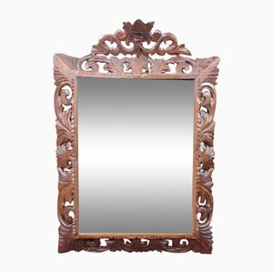 Gothic Style Beveled Mirror with Sculpted Openwork Oak Frame, 1900s