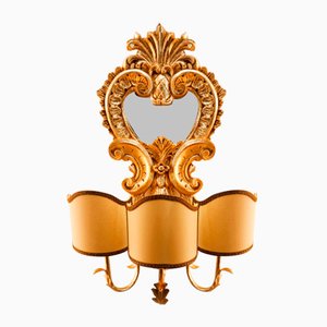 Wood Applique with Mirror and Gold Leaf with Parchment Lampshades