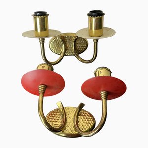 Brass and Colored Aluminum Wall Lamps, Italy, 1950s, Set of 2