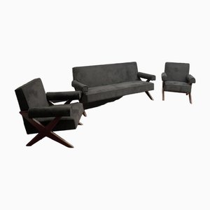 Vintage Sofa and Armchairs by Pierre Jeanneret, 1956, Set of 3