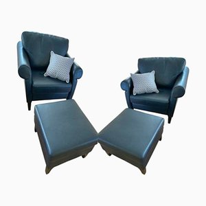Dark Blue Leather Lounge Chairs and Stools from Walter Knoll / Wilhelm Knoll, Set of 4