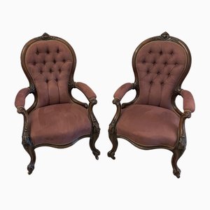 Victorian Carved Walnut Armchairs, 1860s, Set of 2
