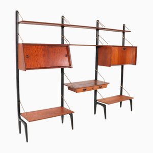 Estante de pared modular Mid-Century moderno de teca de Louis van Teeffelen para Wébé, años 50. Juego de 13