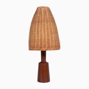 Lampada da tavolo in teak e vimini, Scandinavia, anni '60