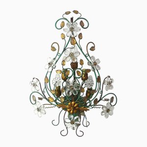 Large Italian Florentine Style Wall Sconce in Green Metal with Crystal Flowers, 1960s