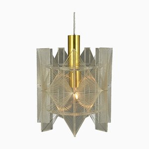 Small Mid-Century Modern Pendant Lamp in Clear Acrylic Glass, Wire and Brass, 1970s