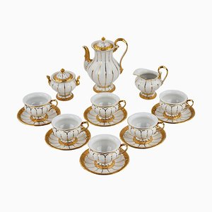 White and Gilded Porcelain Mocha Coffee Service from Meissen, Set of 15
