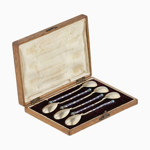 Teaspoons Decorated with Enamel in the Original Case, Moscow, 1917, Set of 7