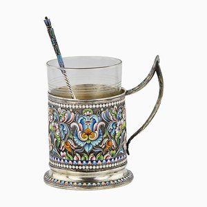 Silver Glass Holder with Spoon Decorated with Cloisonne Enamel, Moscow, 1917, Set of 2