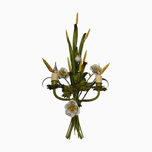 Italian Toleware White Poppy and Wheat Green Floral Bouquet Two-Light Sconce, 1960s