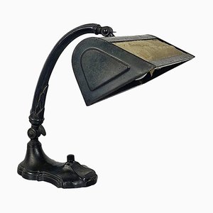Lámpara de mesa ministerial de metal negro y tela, década de 1900