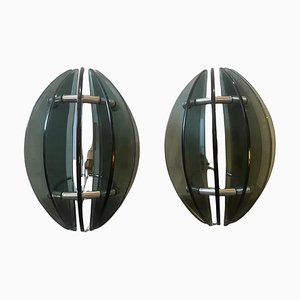 Space Age Italian Glass and Chromed Metal Wall Sconces attributed to Veca, 1970s, Set of 2