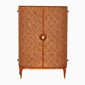 Mid-Century Cherrywood Mini Bar Cabinet with Floral Upholstery in the style of Josef Frank, Austria, 1940s