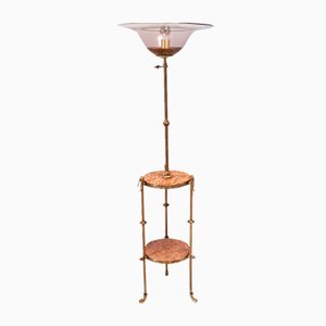 Vintage Brass Telescopic Floor Lamp with Red Travertine Marble Tops, Italy, 1920s