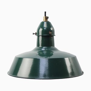 Lámpara colgante de fábrica francesa industrial vintage esmaltada en verde de Sammode, Francia