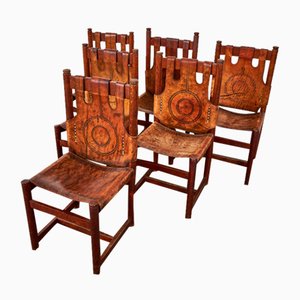 Vintage Handmade Safari Oak & Leather Chairs, Hungary, 1970s, Set of 6
