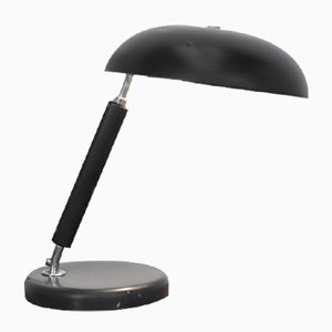 Lámpara de mesa suiza vintage de metal negro y madera
