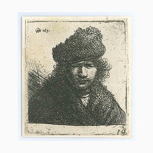 Charles Amand Durand después de Rembrandt, Autorretrato con toga y gorro de piel, grabado, del siglo XIX.