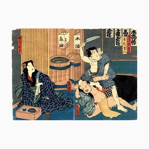 Utagawa Kunisada (Toyokuni III), Otomi guarda il ladro, xilografia, metà XIX secolo