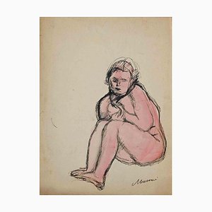 Mino Maccari, Gekauerter Akt, Zeichnung, Mitte des 20. Jahrhunderts