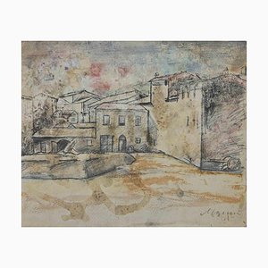 Mino Maccari, Landscape, Charcoal and Watercolor, 1940s