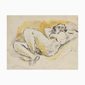 Mino Maccari, Reclined Nude, China Ink and Watercolor, Mid 20th Century