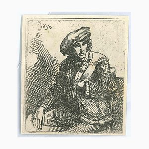 Charles Amand Durand d'après Rembrandt, Zittende Jongeman Met Een Tas, 19e siècle, Gravure