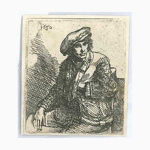 Charles Amand Durand dopo Rembrandt, Zittende Jongeman Met Een Tas, secolo XIX, incisione