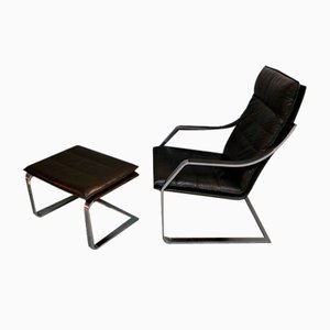 Lounge Chair and Footrest in Dark Brown Leather and Chrome by Rudolph Glatzl for Walter Knoll, Germany, 1970s, Set of 2