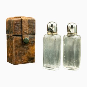 Small Antique English Leather Travelling Perfume Case in the style of Asprey, Set of 3