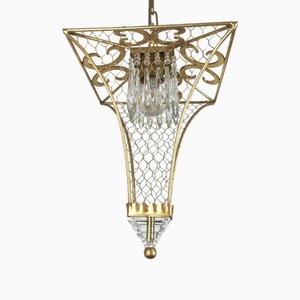 Gilt Iron and Crystal Ceiling Lantern, 1980s