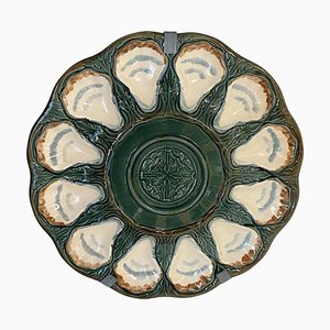 Large Oyster Dish in Majolica Green White Color, France, 19th Century