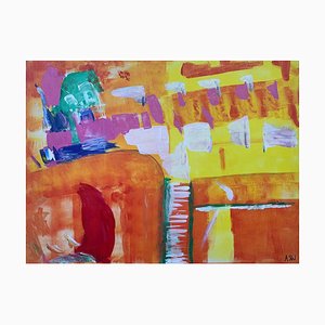 Angela Wakefield Abstract Painting with Yellow Orange Red & Pink by British Artist, 2005