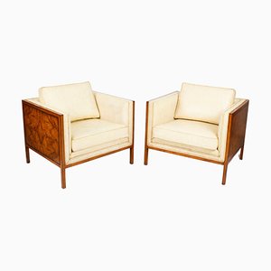 Antique Art Deco Burr Walnut & Cream Leather Armchairs, 1920s, Set of 2