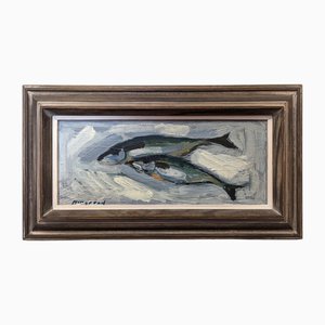 Two Fish, Oil Painting, 1950s, Framed