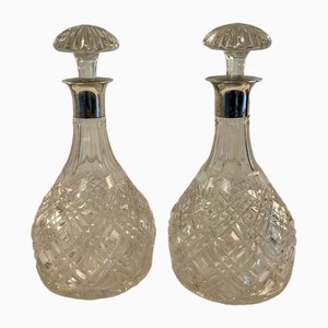 Carafes Édouardiennes Antiques en Verre Taillé avec Montures en Argent, 1900, Set de 2